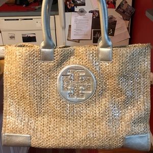 Tory Burch Ella Straw Metallic Tote